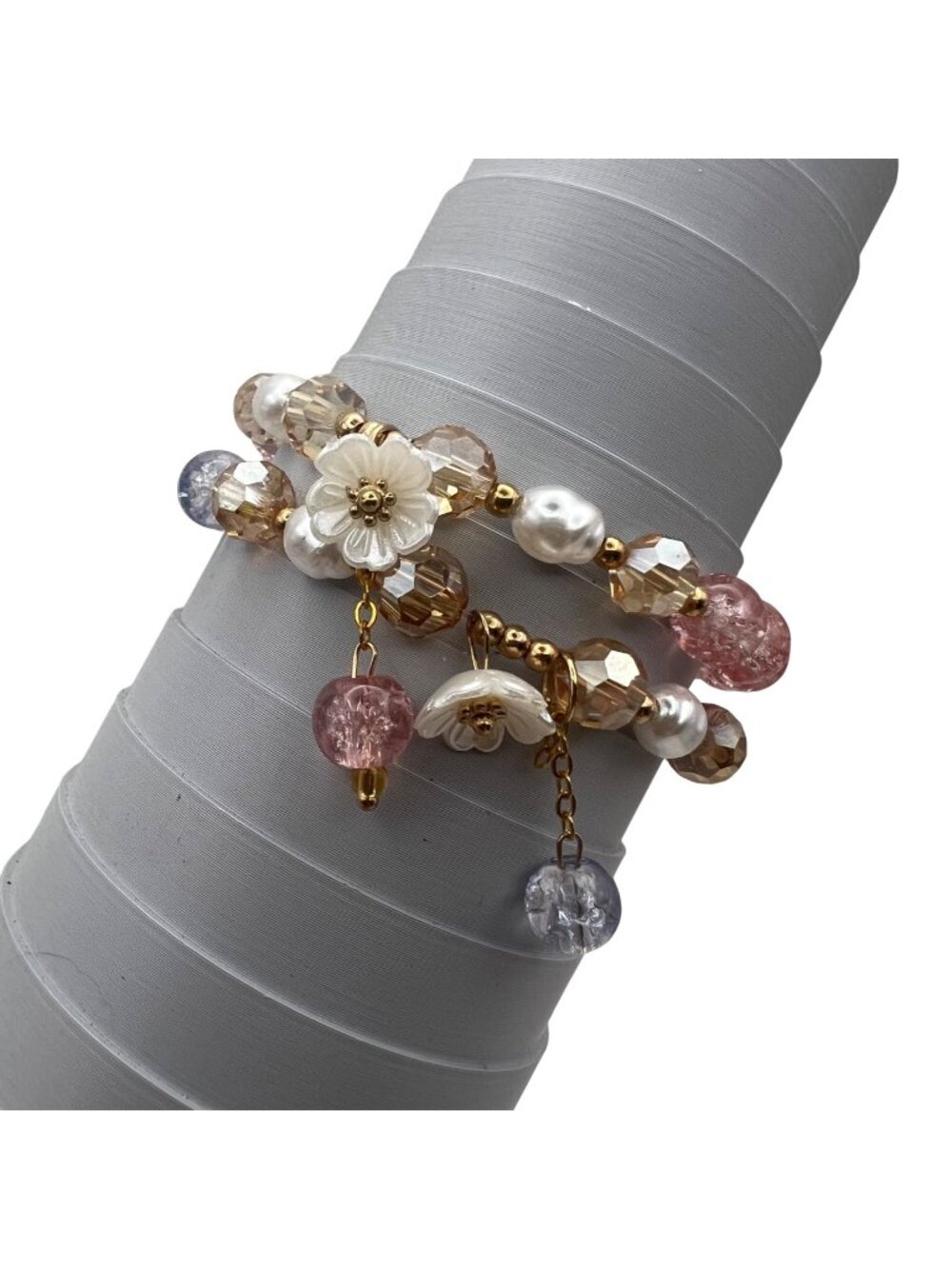Pastel Stretch Bracelet Lot 2 Pink Blue Crackle Glass Pearl Flower Cottagecore